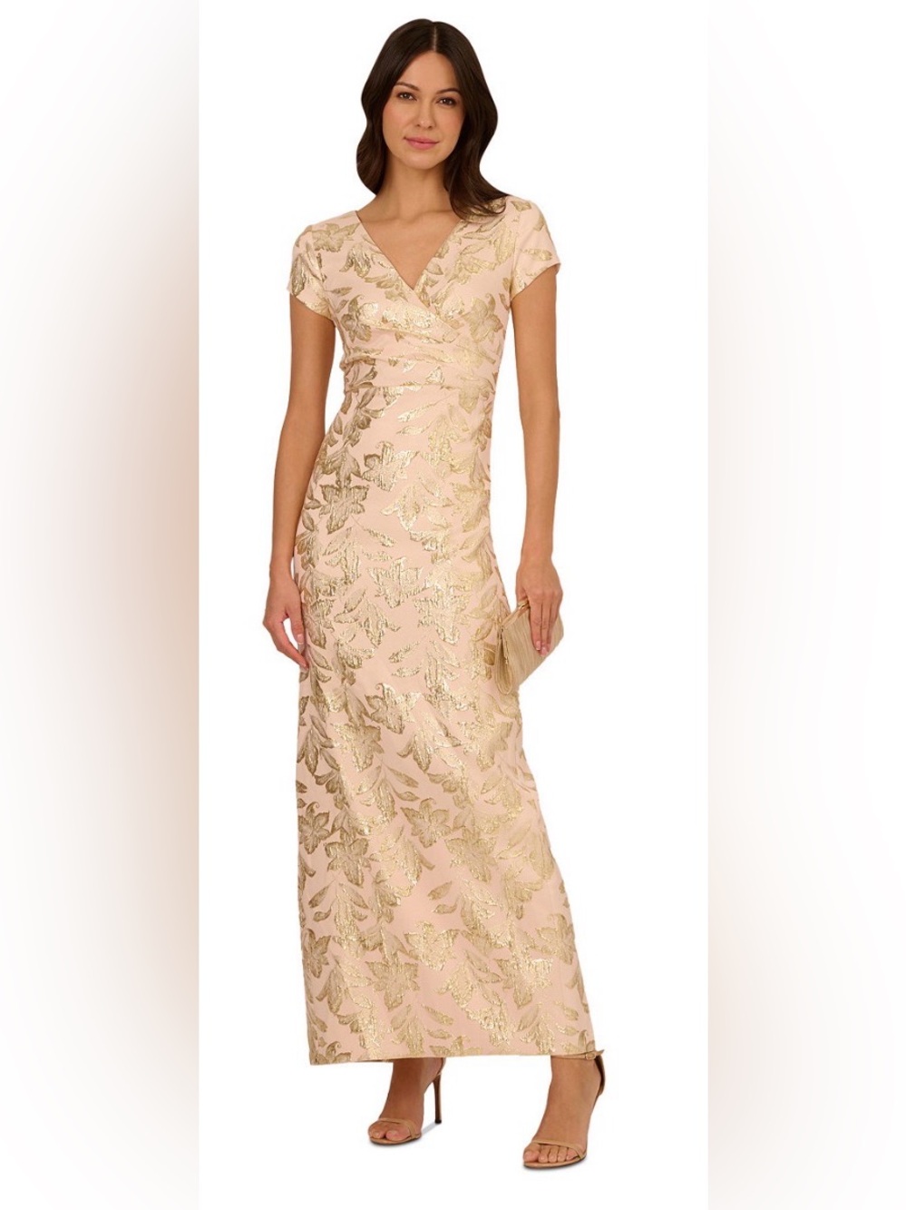 Adrianna Papell Metallic Floral Champagne Gold Ruched EVENING Gown Size 4. NWT.